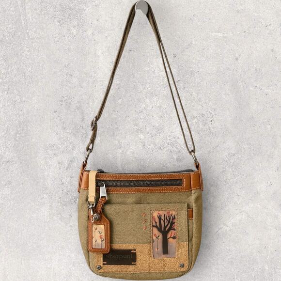Sherpani Crossbody Purse Canvas Leather Trim Boho Tree Patch Green Brown Bag - Picture 12 of 12